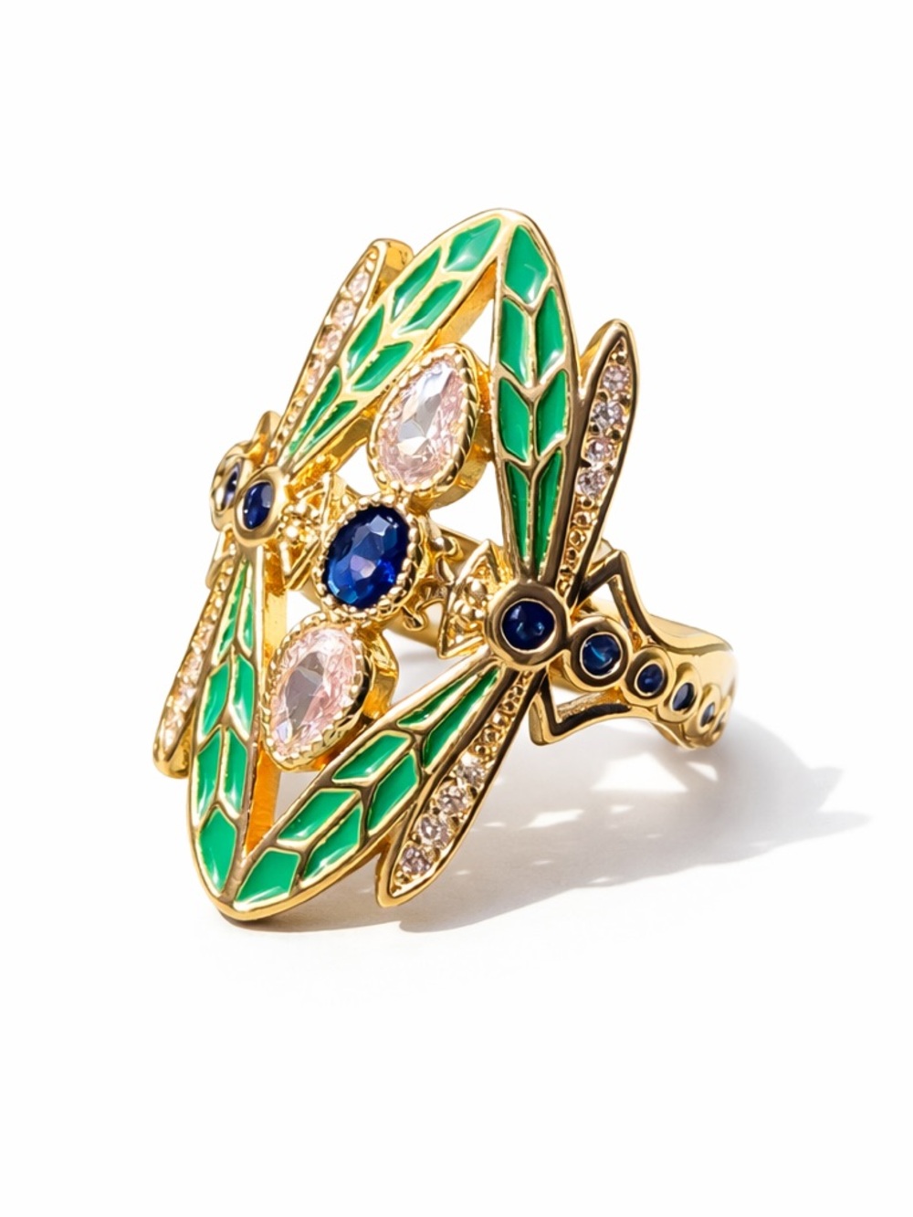 Dragonfly Cocktail Ring with Green Enamel and Blue Stones